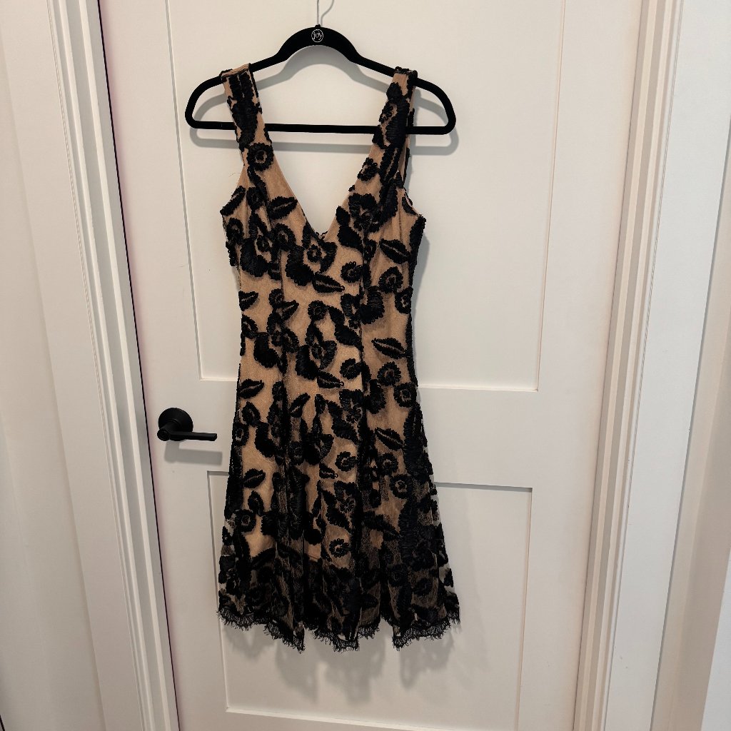 Black Lace Flowers Over Nude Slip Cocktail Dress - Dress The Population Size Med